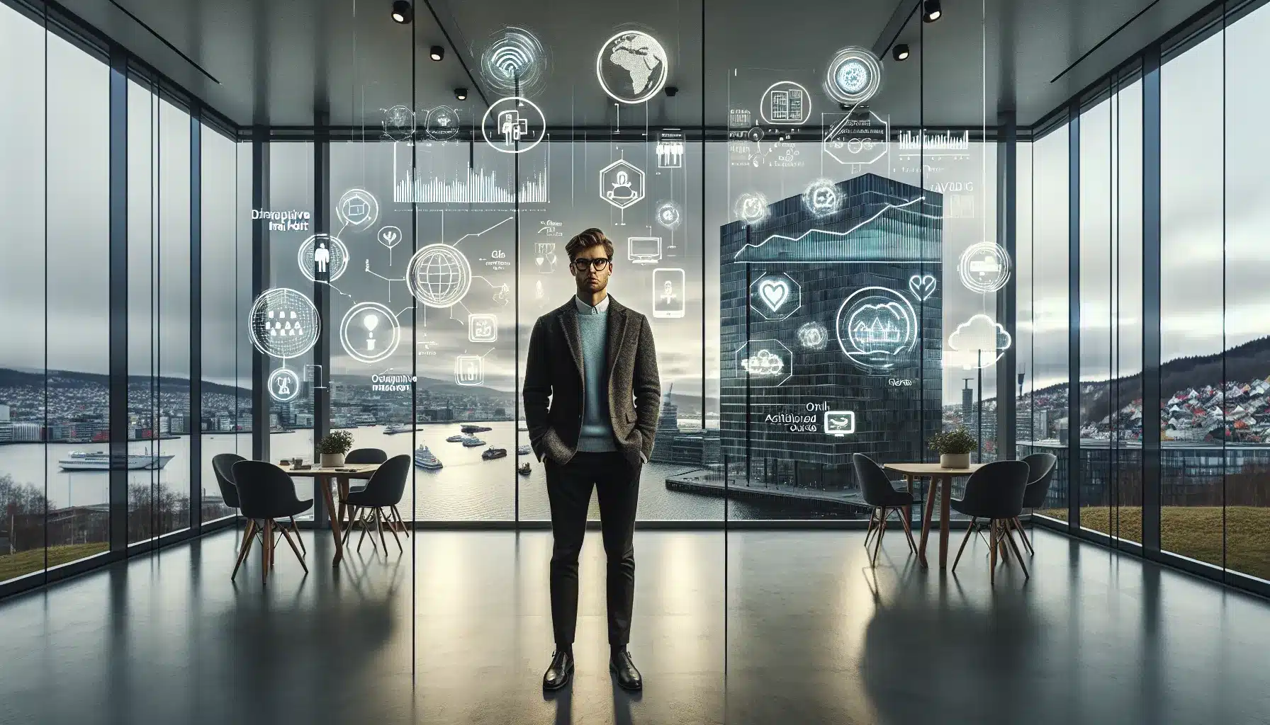 Norwegian business professional analyzing disruptive digital solutions versus traditional markets in