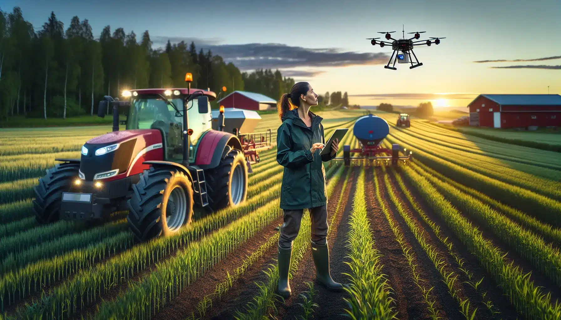 Norwegian farmer using tablet tractor and drone in a sustainable high tech field