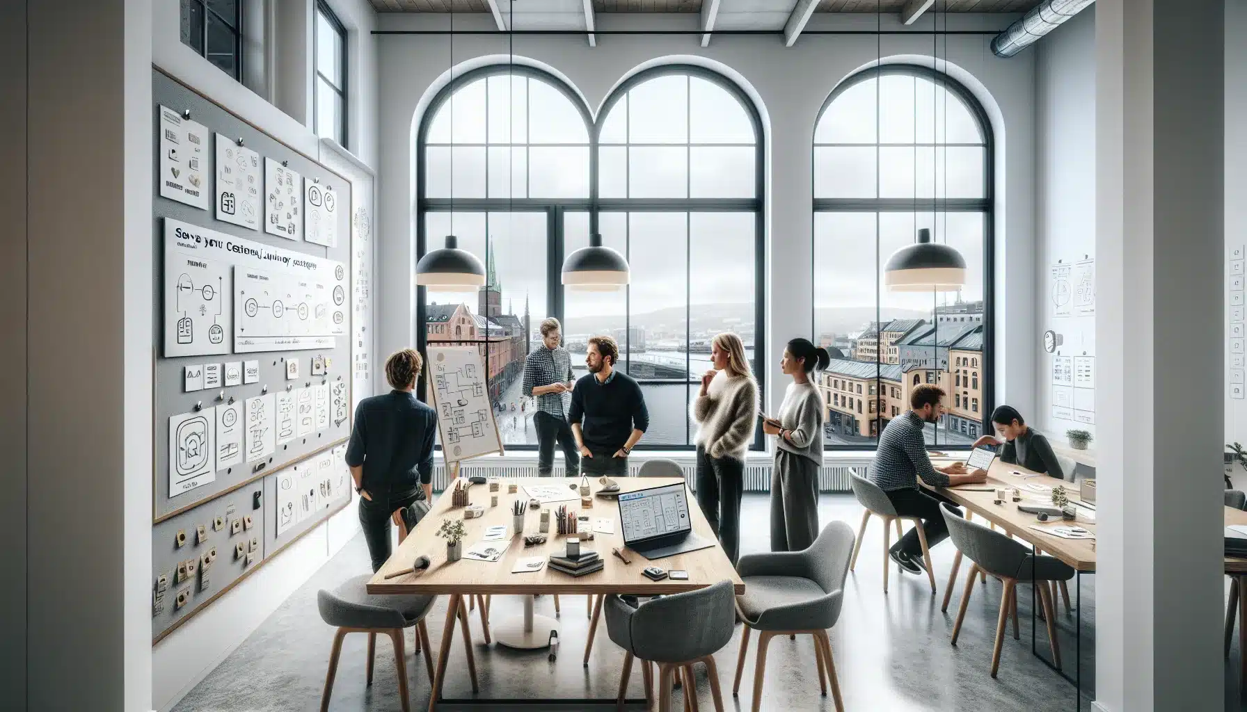 Norwegian innovation team testing digital and physical prototypes in a modern office