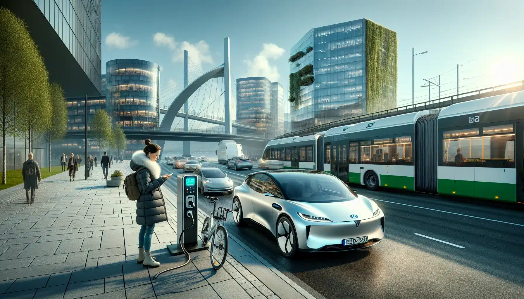 Norwegian waterfront city with electric vehicles bus ferry and cyclist in use