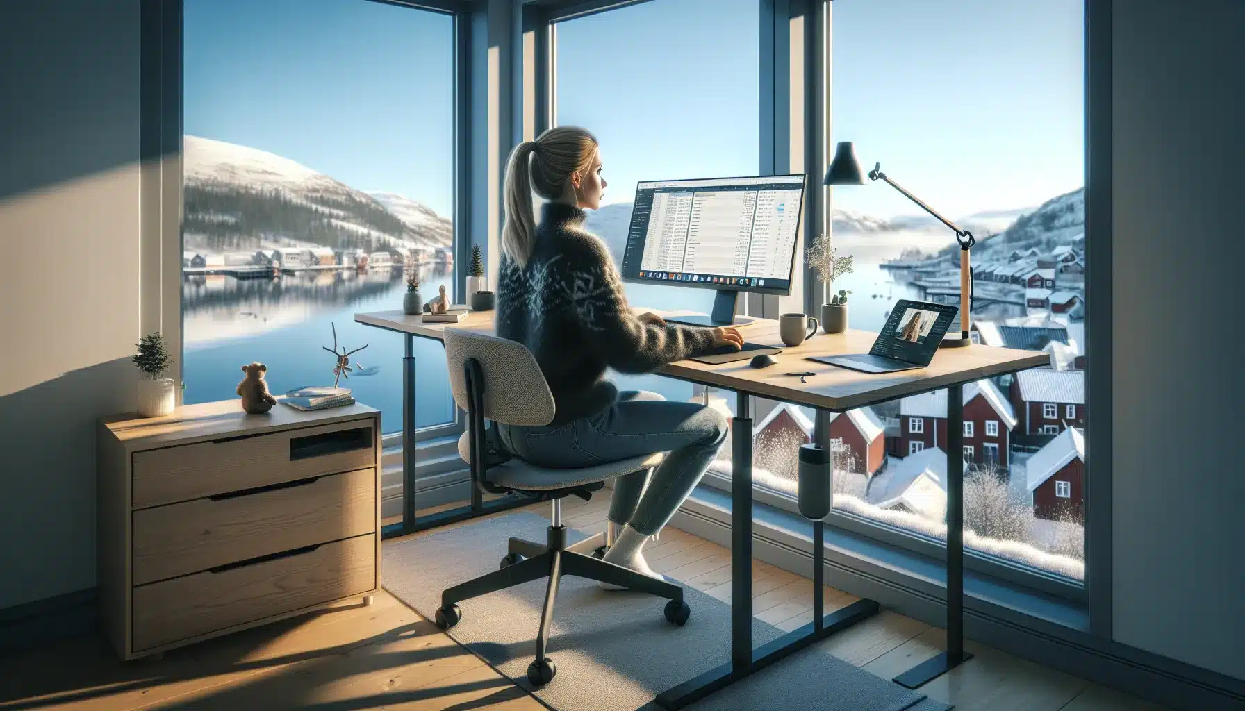 Norwegian woman working productively in a smart organized home office with tech tools