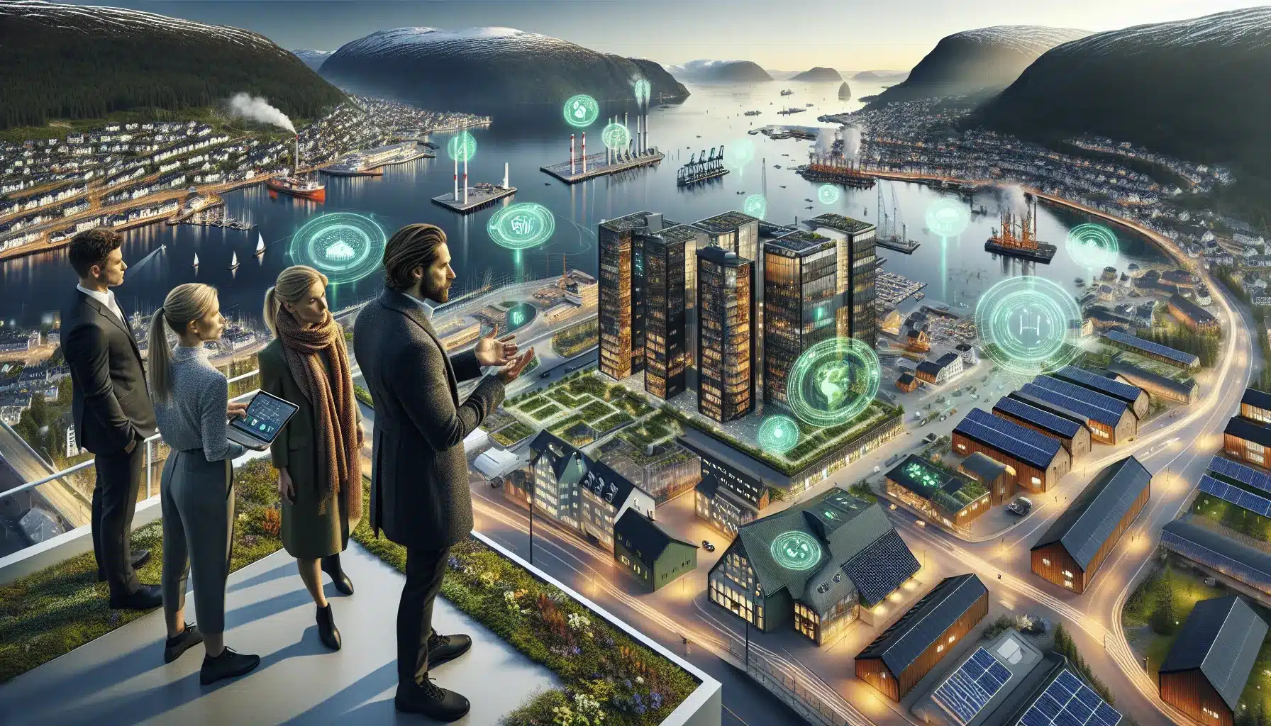 Professionals on a norwegian rooftop oversee smart circular city technology enabling green growth