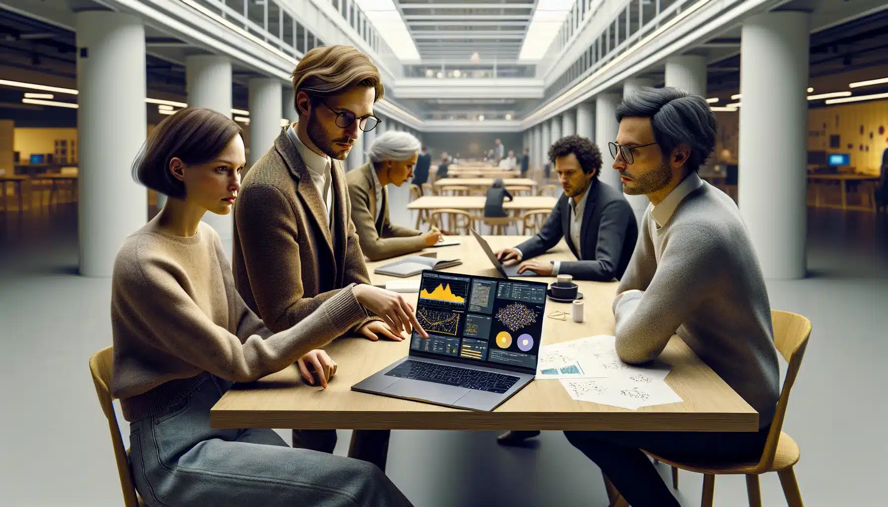 Researchers and startup founders collaborating at a modern norwegian innovation hub table